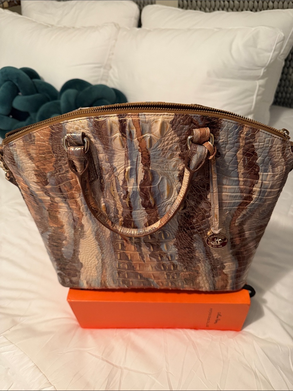 Brahmin leather Brown, Blue and cream  Croc-Embossed Tote Bag